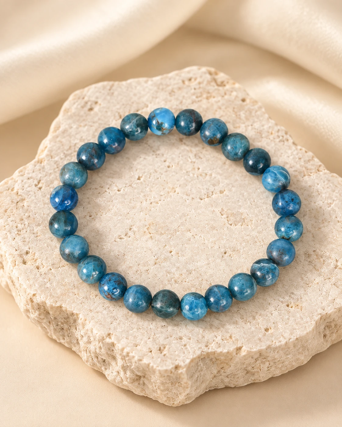 Blue Apatite Bead Bracelet — Luxury studio display