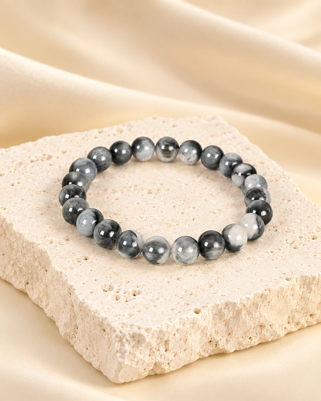 Grey Cat’s Eye Bead Bracelet — Luxury studio display