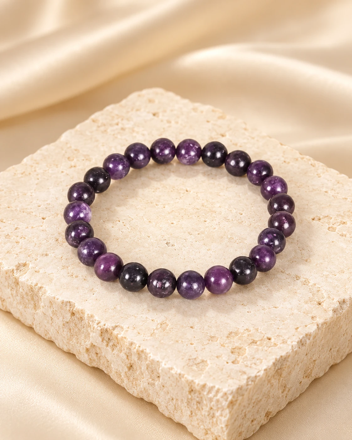 Lepidolite Bead Bracelet — Luxury studio display