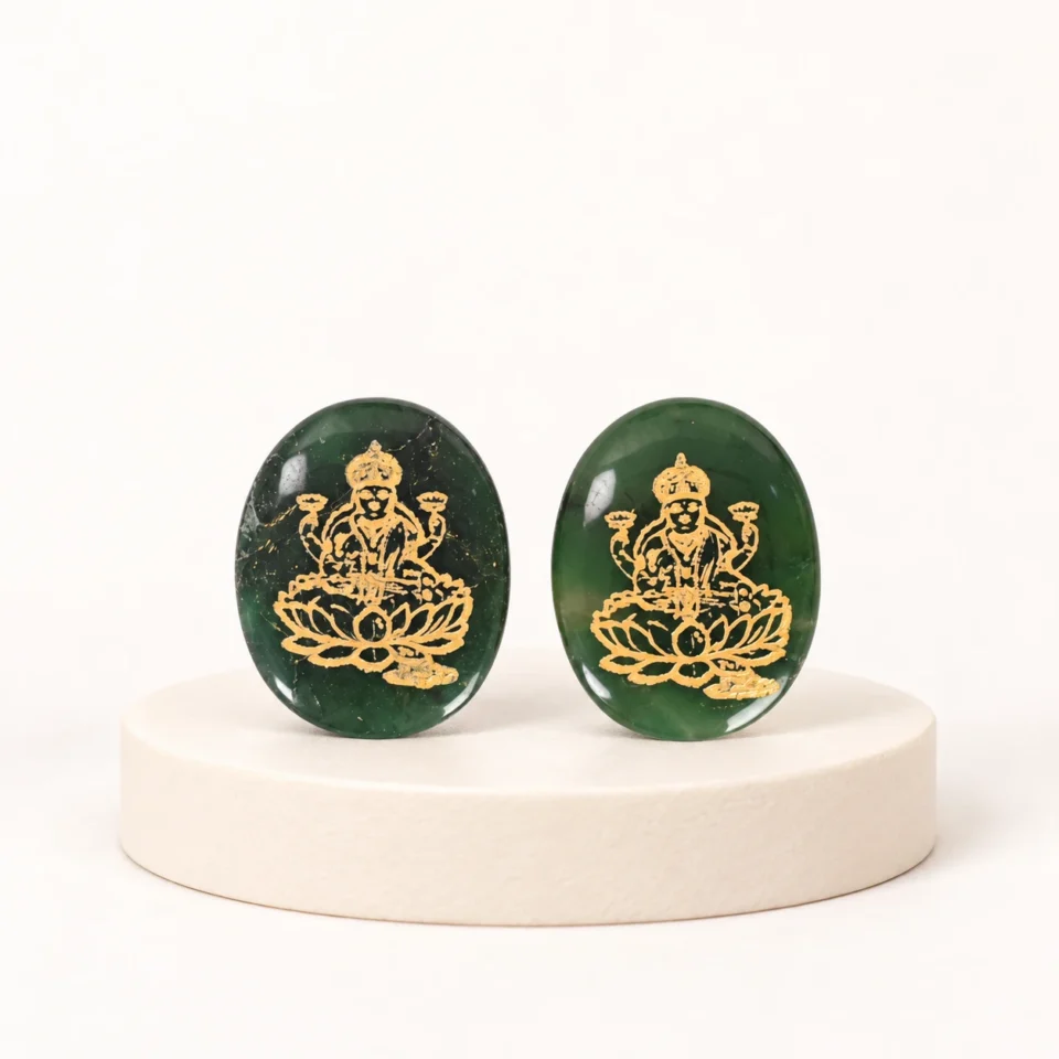 Green Jade Zibu Coin with Lakshmi Ji and Shree Yantra Engraving